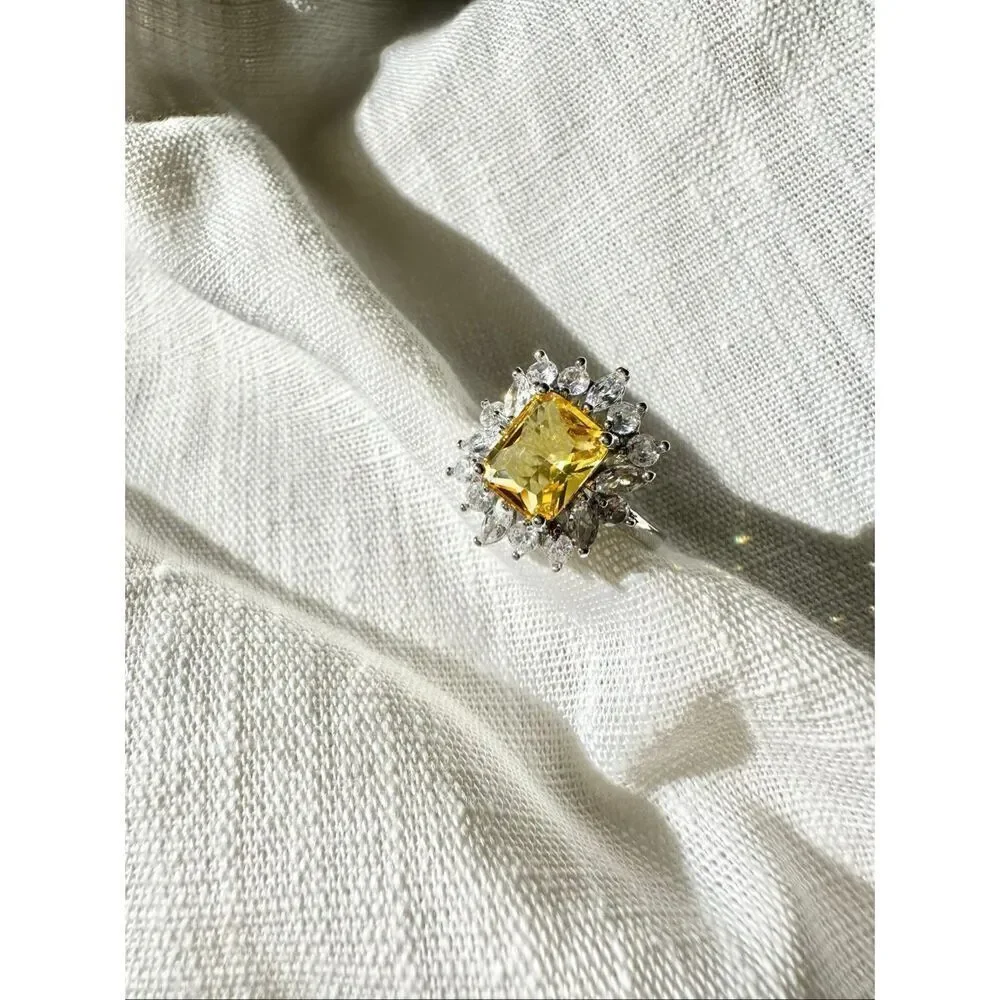 Yellow elongated radiant cut canary cubic zirconia cocktail ring